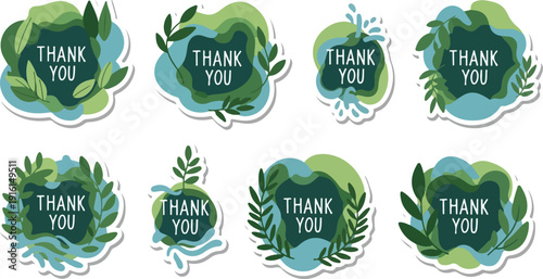 Eco Friendly Thank You Sticker Set with Green Leaves and Water Splash Abstract Shapes for Forest Day