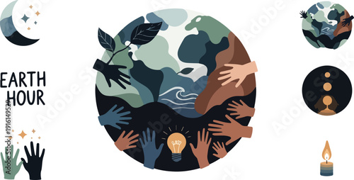 Earth Hour concept with human hands holding the globe and light bulb for global environmental awareness and energy conservation campaign