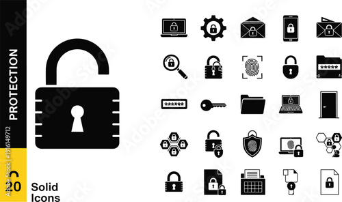 Flat vector illustration of 20 solid protection icons, cybersecurity, privacy, secure access, padlock, shield, fingerprint, laptop, mobile device