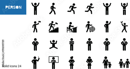 Solid black human icons set, people activities, walking, running, celebrating, presentation, family, heart, confident poses, flat vector illustration