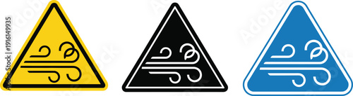 Strong wind warning sign icon set with air flow symbol in yellow, black, and blue triangle styles for safety design