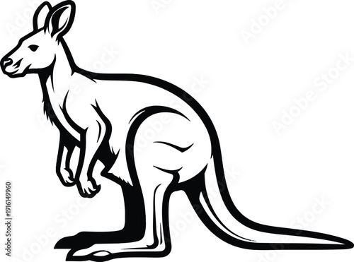 A striking black and white illustration of a kangaroo standing proudly, showcasing its muscular build and powerful tail, perfect for Australian themed designs