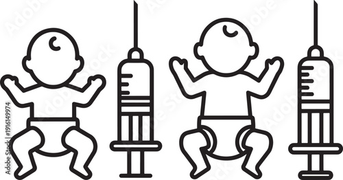 Line art icons of two babies next to syringes, representing vaccination and infant healthcare concepts