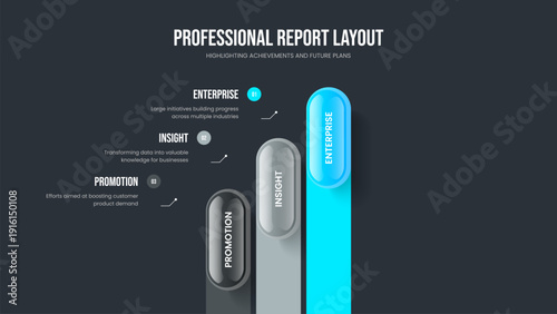 Product Growth Three Element Infographic Presentation Layout. Creative Plan 3 Step Diagram Slideshow Template. Digital Report Frame Design Vector Illustration.