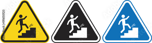 Stairway hazard warning sign icon set with falling person symbol in yellow, black, and blue triangle styles