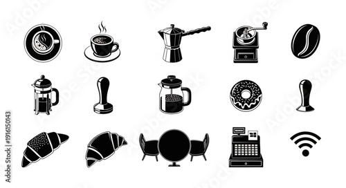 Collection of coffee shop icons and symbols in black and white.