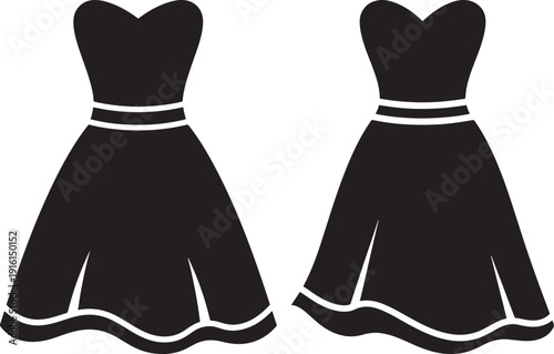 Elegant black silhouette icons of two sleeveless A-line dresses with sweetheart necklines and ribbon details