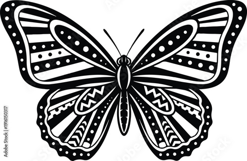 Intricate Black and White Butterfly Illustration with Abstract Patterned Wings