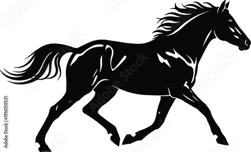 Silhouette of a powerful horse galloping with its mane and tail flowing in the wind, symbolizing freedom and strength