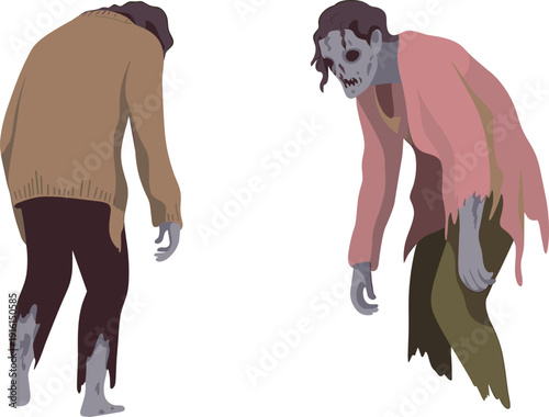Two Cartoon Zombies with Tattered Clothing on a White Background undead monster