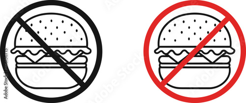 No fast food prohibition sign icon set with crossed hamburger symbol in black and red circular warning styles