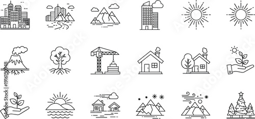 Collection of icons representing various weather, housing, and natural elements isolated on transparent background, Vector