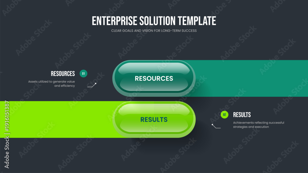 Fototapeta premium Investor Analysis Two Step Infographic Presentation Design. Enterprise Portfolio Slideshow Template Vector Illustration. Service Overview 2 Option Diagram Frame Layout.