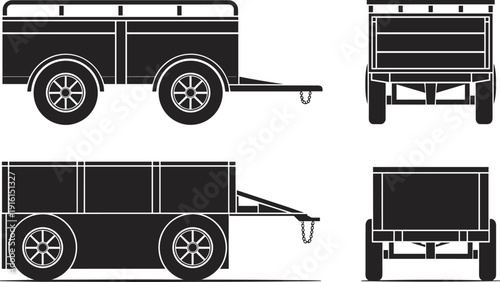 Black Silhouette Of A Two Wheel Trailer From Multiple Angles cart vehicle