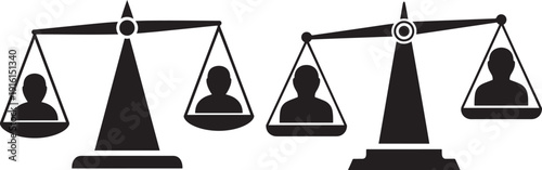 Scales of Justice Icons: Balanced and Unbalanced Human Figures, Fairness and Equality Concept