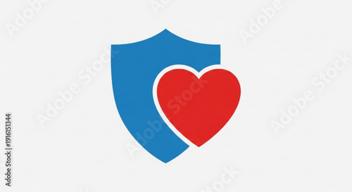 Blue shield with red heart symbol protection and love icon care and safety concept