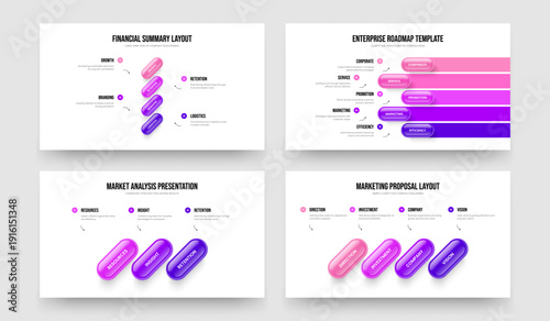 Corporate Overview 4 5 3 Step Diagram Presentation Template Collection. Investor Proposal Four Five Three Option Infographic Frame Layout Vector Illustration Set.