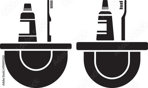 Dental Hygiene Icons: Toothbrush and Toothpaste in Holder, Oral Care Concept, Vector Art