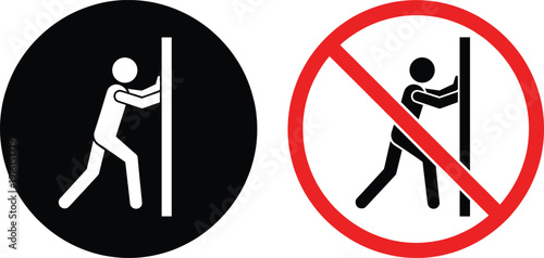 No pushing prohibition sign icon set with person pushing barrier symbol in black and red circular warning styles