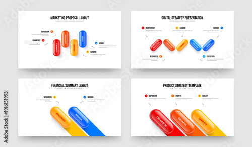 Visual Growth 4 5 2 3 Step Infographic Frame Design Collection. Sales Profile Four Five Two Three Option Diagram Slideshow Layout Vector Illustration Bundle.