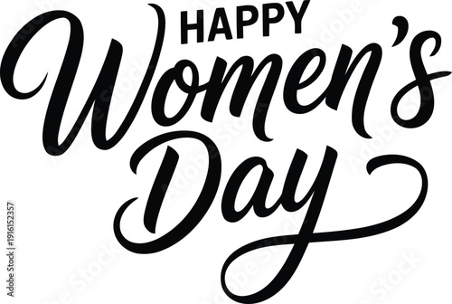 Bold black script lettering spells out Happy Womens Day on a clean white background