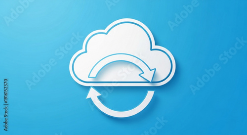 Cloud computing icon with circular arrow symbolizing data synchronization and cloud storage on a blue gradient background