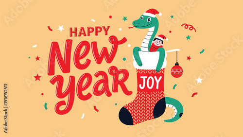 Cheerful New Year card featuring a green snake wearing a Santa hat popping out of a Christmas stocking with a boy.