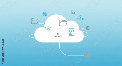 Cloud computing concept with data storage and transfer icons on blue gradient background