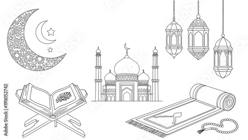 Detailed line art collection of Islamic symbols featuring a grand mosque, crescent moon, holy Quran on a stand, prayer rug, and lanterns.