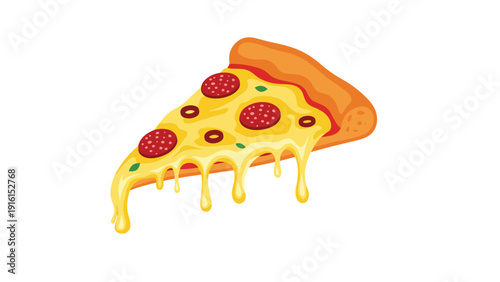 Delicious slice of pepperoni pizza with dripping melted cheese, olives, and green herbs isolated on a clean white background for food menus.
