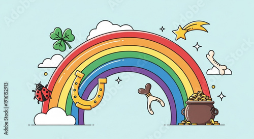 Colorful rainbow with pot of gold horseshoe shamrock and ladybug on light blue background symbolizing good luck and fortune
