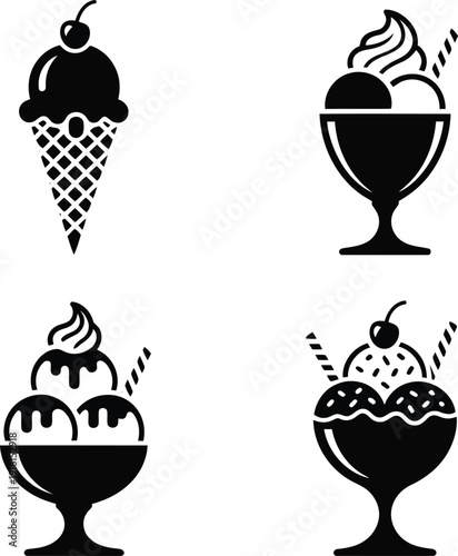 Four black silhouette icons showing delightful ice cream cones and lavish sundaes