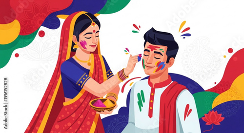 Couple celebrating holi festival with colorful powder traditional indian clothing and vibrant background