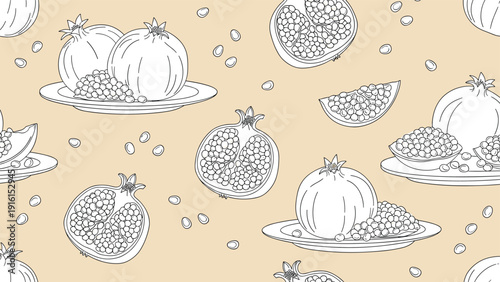 Sophisticated seamless pattern showing whole and sliced pomegranates with loose seeds on decorative plates over a warm beige background.