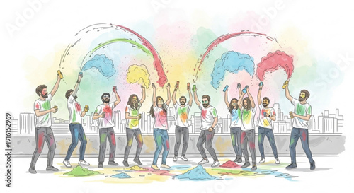 Diverse group of people celebrating with colorful powder in city setting conveying joy and festivity