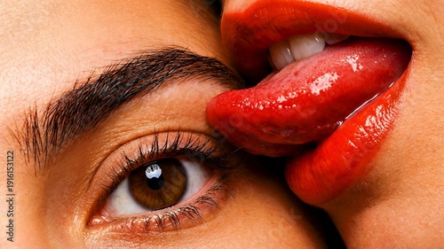 Extreme close-up reveals glossy bright red lips with tongue licking near an intensely focused brown human eye and dark defined eyebrow