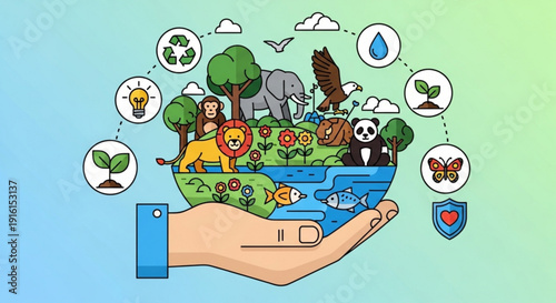 Hand holding a globe with diverse wildlife and eco friendly symbols around it representing environmental conservation and sustainability