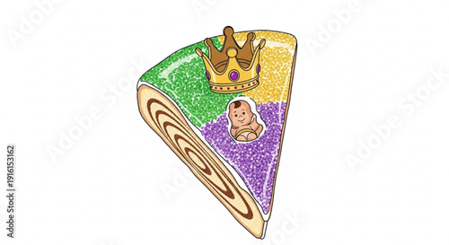 Colorful king cake slice with crown and baby mardi gras dessert