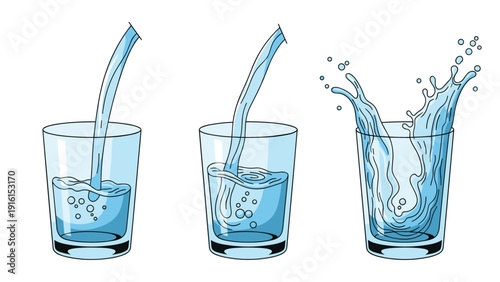 Sequence of three glasses being filled with clear water showing the progression from pouring to a dynamic splashing effect on white.
