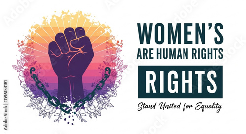 Empowering women's rights illustration with raised fist and equality slogan