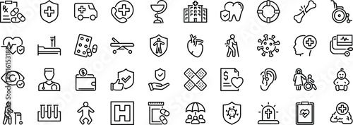 Healthcare And Medical Line Icon Set With Hospital Pharmacy Ambulance And Patient Care