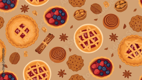 Delectable seamless pattern featuring berry tarts, lattice pies, cinnamon rolls, chocolate chip cookies, walnuts, and star anise on beige.