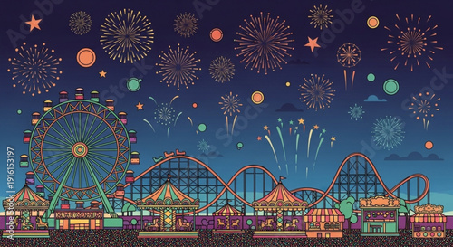 Vibrant amusement park at night with fireworks display in the sky colorful rides and attractions lit up joyful atmosphere for celebration and entertainment