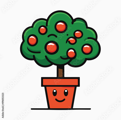 Adorable cartoon illustration depicts a happy orange tree growing cheerfully inside a simple terracotta flower pot with a smiling face representing natural growth and fruitfulness.