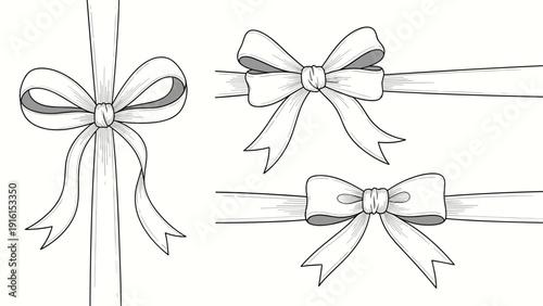 Elegant collection of three hand-drawn decorative ribbon bows in different styles and orientations in a classic black and white line art style.
