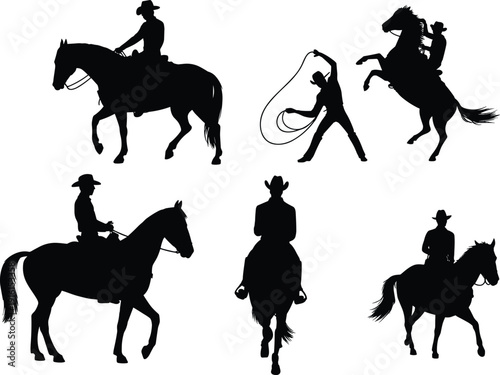 Cowboy Silhouettes Riding Horses Lassoing and Rearing on White Background vector illustration