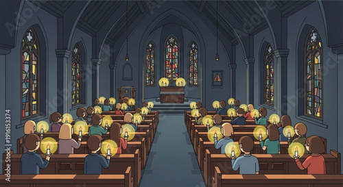 People sitting in a church with glowing light on heads stained glass windows and pews serene atmosphere worship spirituality community faith religion indoors