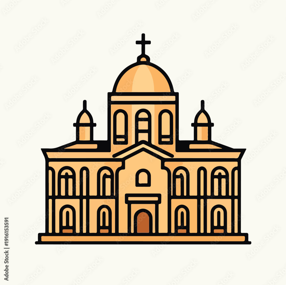Obraz premium Detailed illustration of a grand historic church building featuring a prominent central dome and classic architectural symmetry suitable for religious or travel design concepts