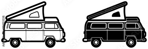 Two classic vw camper van icons with pop top roof black and white side view illustration