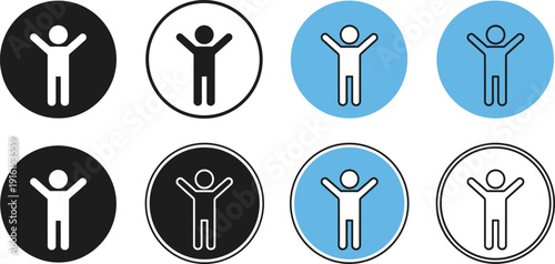 Human figure icon set with raised arms in circular styles for success, celebration, achievement, and user interface design